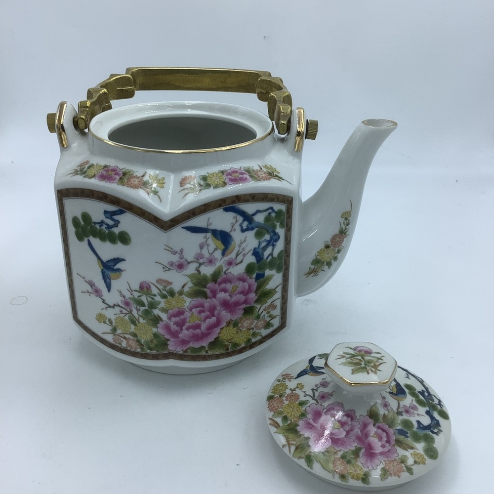 Homco Japan Asian Floral Six Sided Ceramic  Tea Pot with Metal Handle - Picture 5 of 9